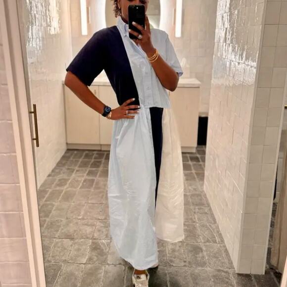 Plan C Blue Colorblock Shirt Midi Dress SMALL Cotton Oversized Designer $385 - Picture 8 of 12